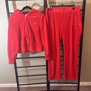 Juicy Couture Velour Tracksuit Y2K Style Red‎ Silver Logo Hoodie XL Pants L